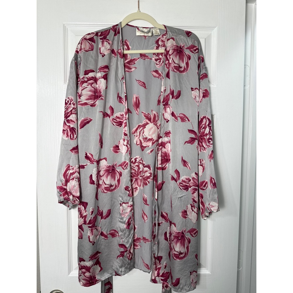 Victoria's Secret Gold Label Silk Robe Size M/L Grey Pink Vintage Floral Wrap - Picture 5 of 7